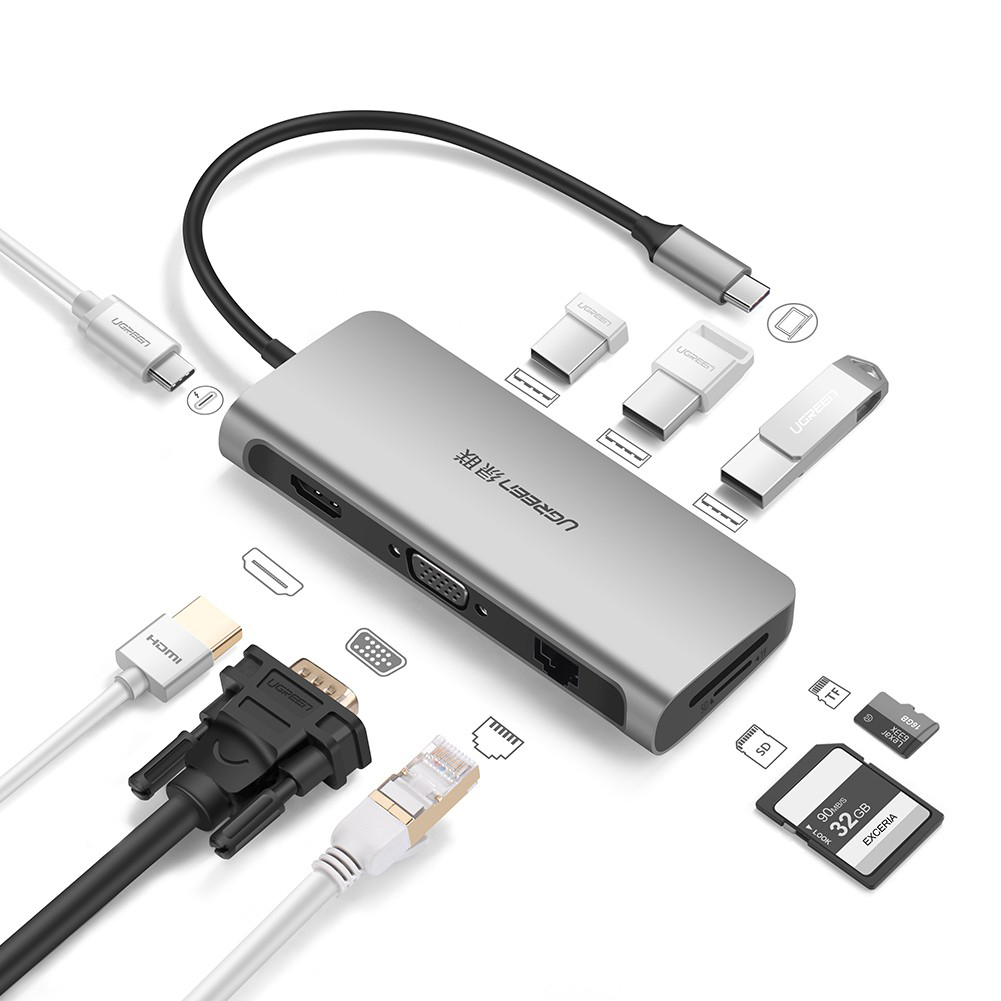 Bộ chuyển USB C to HDMI + VGA + USB 3.0 + LAN 1Gbps + Card Reader đa năng Ugreen 40873