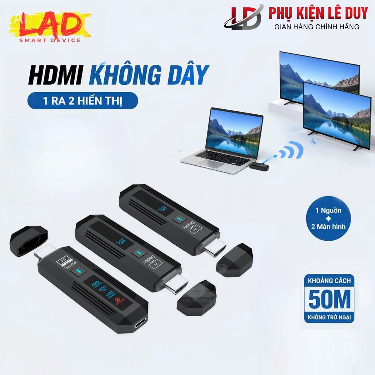 Thu Phát HDMI Không Dây 50M LAD kết nối 1 ra 2 màn hình phân giải fullHD 1080p