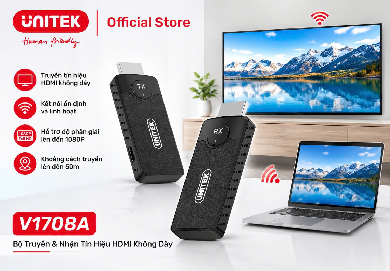 Bộ thu phát HDMI không dây 50M Unitek V1708A phân giải fullHD 1080p - Ảnh 2